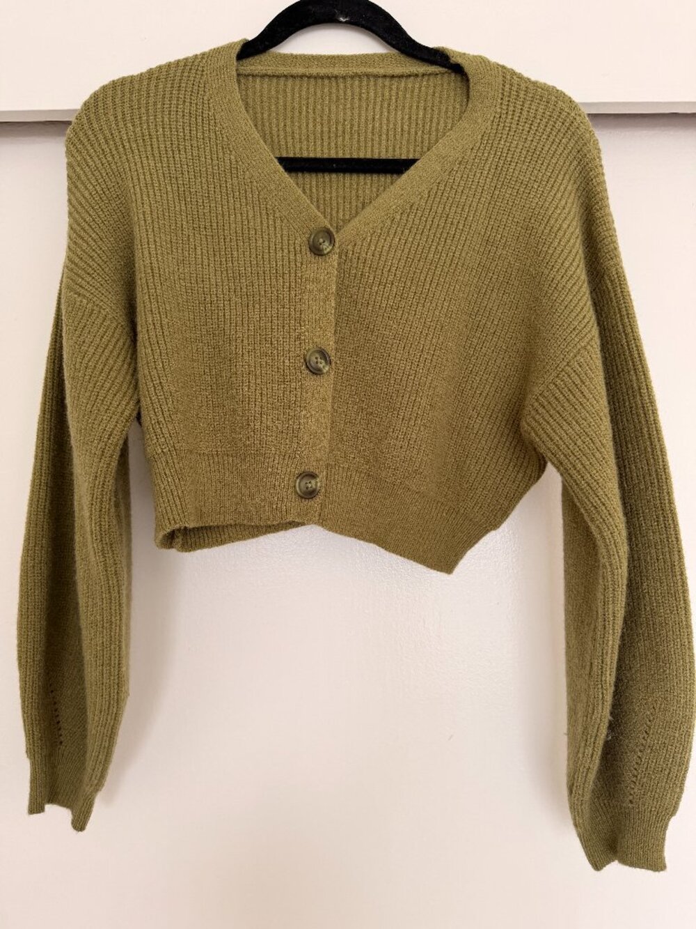 Cider Cropped Balloon Sleeve Cardigan in Olive